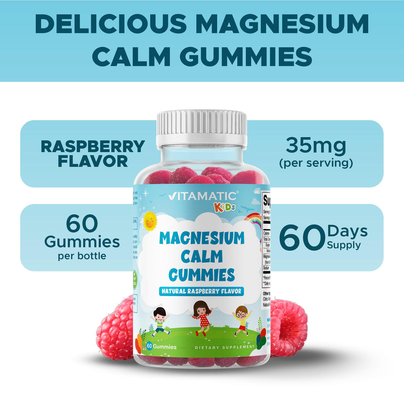 Vitamatic Kids Magnesium Calm Gummies - 60-Count Vegan, Raspberry Flavor | Muscle, Bone & Energy Support