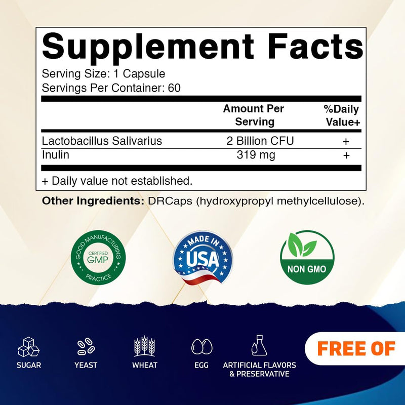 Vitamatic Lactobacillus Salivarius 2 Billion per DR Capsule - 60 Count - Digestive Support - Made with Prebiotic Inulin Fiber (3 Bottles)