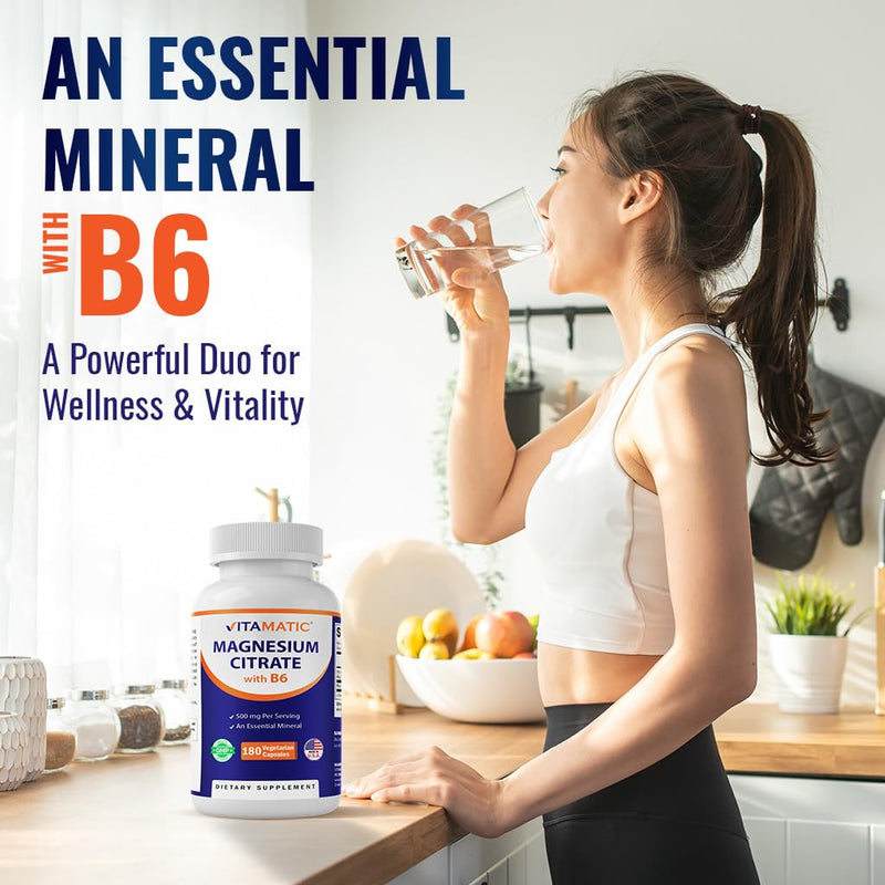 Vitamatic Magnesium Citrate 500mg per Serving - 180 Vegetarian Capsules - 150 mg Elemental Magnesium + B6 for Maximum Absorption - Supports Muscle, Joint, and Heart Health*