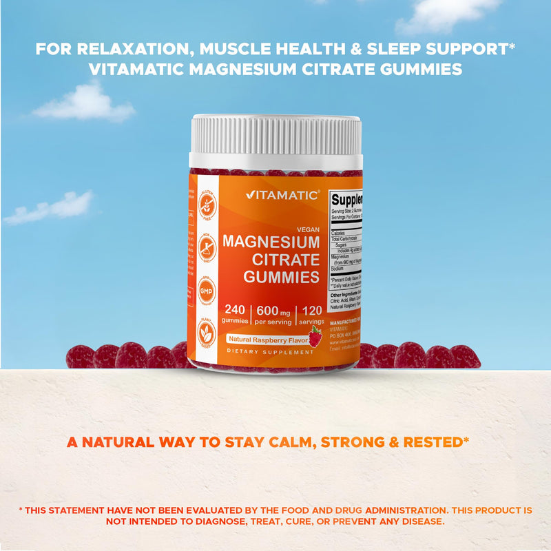 Vitamatic Magnesium Citrate Gummies 600mg per Serving | 240 Vegan Gummies | Raspberry Flavor