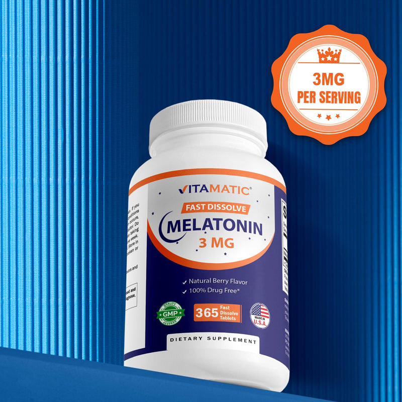 Vitamatic Melatonin 3mg Tablets | Vegetarian, Non-GMO, Gluten Free | 365 Tablets