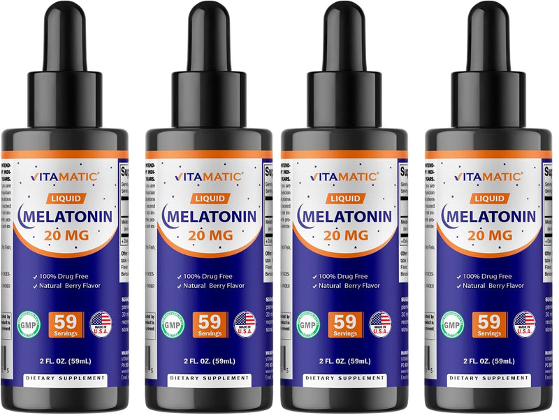 Vitamatic 4-Pack Melatonin 20mg Liquid Drops – Berry Flavor, Non-GMO