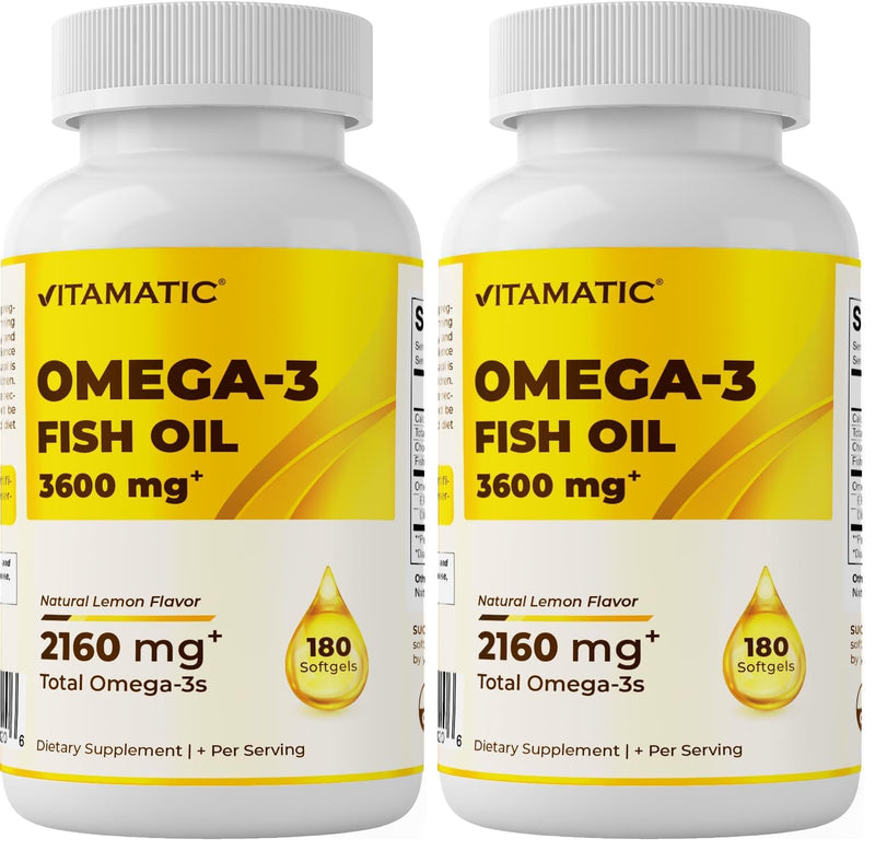 Vitamatic Triple Strength Omega 3 Fish Oil 3600mg Per Serving - Burpless Lemon Flavor, 180 Softgels (Pack of 2)