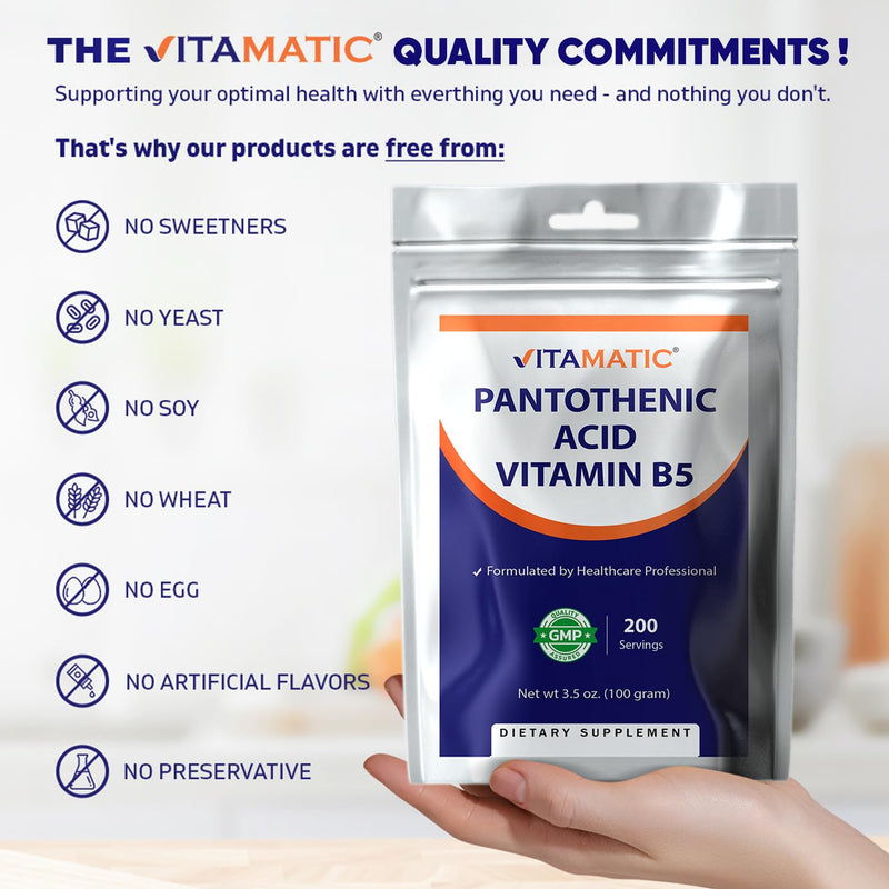 Vitamatic Pantothenic Acid Pure Powder 500 mg per Serving - 100 g (200 Servings) - Vitamin B5