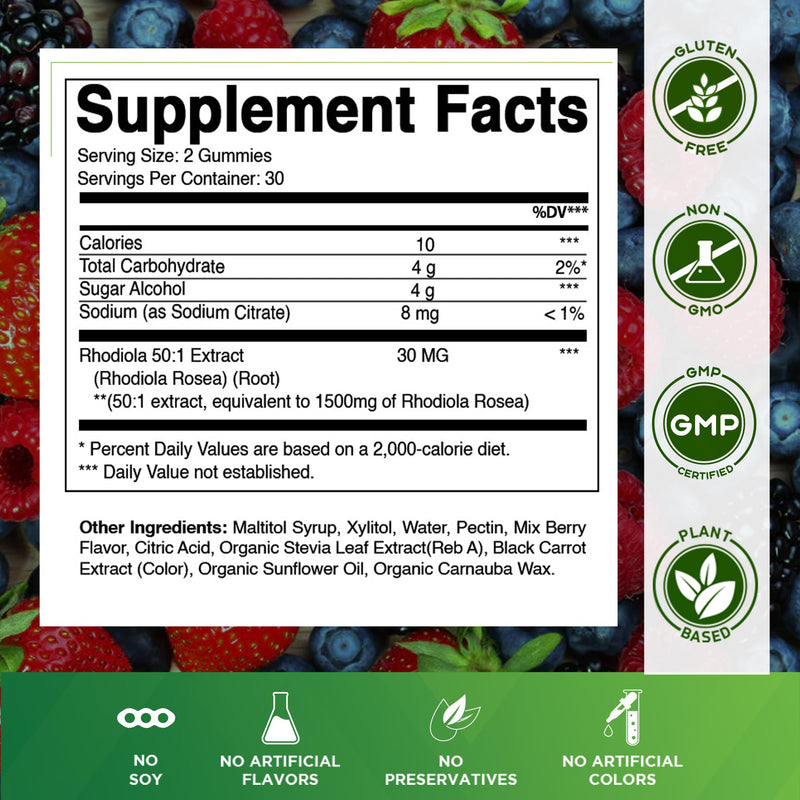 Vitamatic Sugar Free Rhodiola Rosea Gummies 1500 mg per Serving – 60 Gummies – Mixed Berry – Adaptogen Supplement – Made in USA