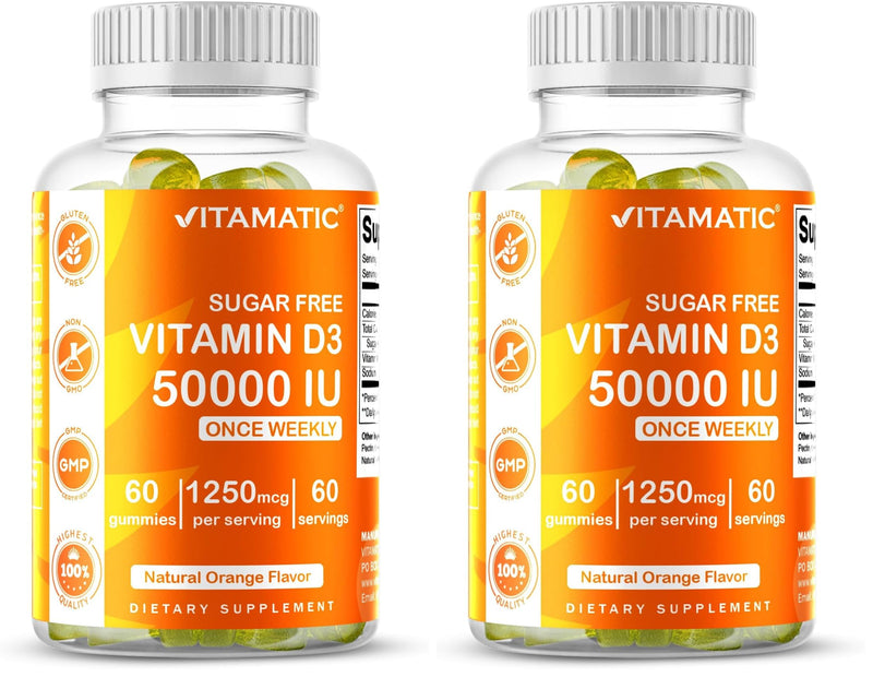 Vitamatic Sugar Free Vitamin D3 50,000 IU Weekly Gummies – 60 Pectin-Based High-Potency D3 for Bone, Teeth & Immune Support (Pack of 2)