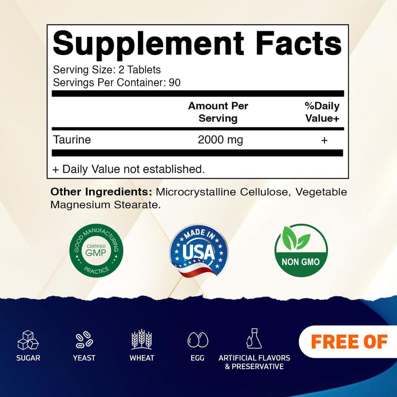 Vitamatic Taurine 2000mg Vegetarian Tablets – 180 Count