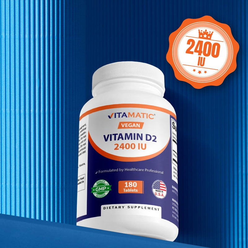 Vitamatic Vitamin D2 60 mcg (2400 IU) - Ergocalciferol | 180 Vegetarian Tablets (1 Bottle)