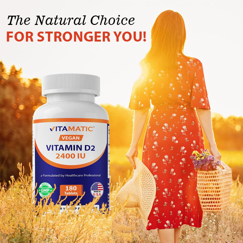 Vitamatic Vitamin D2 60 mcg (2400 IU) - Ergocalciferol | 180 Vegetarian Tablets (1 Bottle)