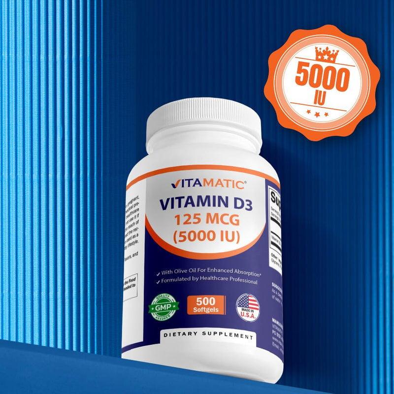Vitamatic Vitamin D3 5000 IU (125 mcg) – Olive Oil-Based Softgels, 500-Day Supply (Pack of 2) | Non-GMO & Gluten-Free