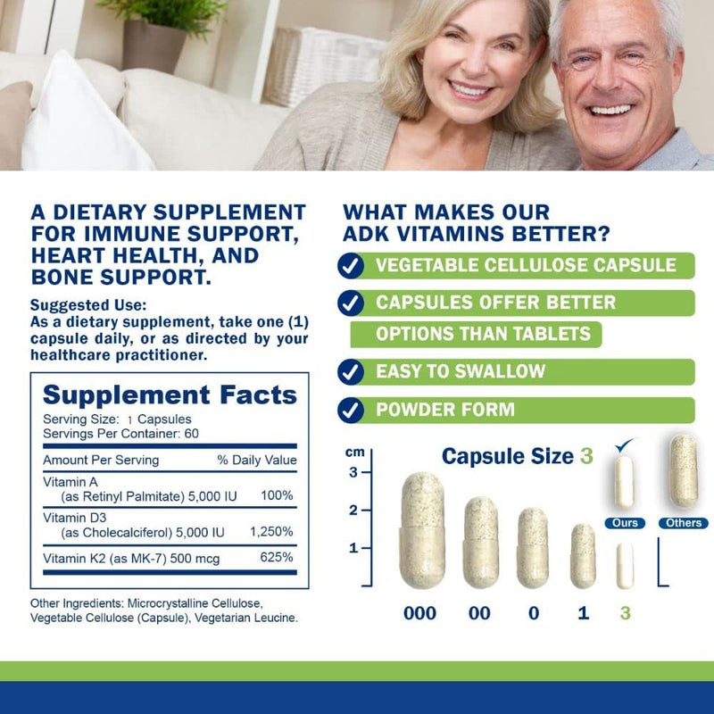 Power By Naturals ADK Vitamin Supplement: Vitamin A, D3 5000 IU, and Vitamin K2 MK-7 for Bone Health | Pack of 2 (60 Capsules Each)