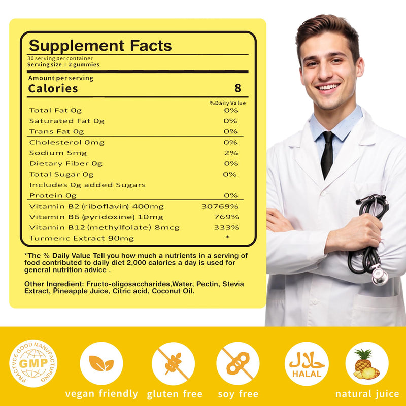 Vitamin B2 Gummies Riboflavin 400mg – Vegan Pineapple Turmeric B Complex (60 Count)