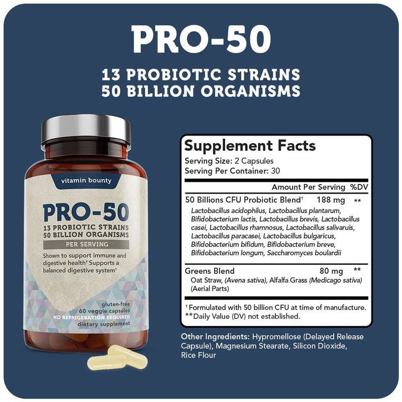 Vitamin Bounty Pro-50 Probiotics – 50B CFU, 13 Strains, Prebiotic (Digestive & Immune Support) – Women & Men