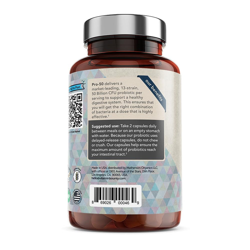 Vitamin Bounty Pro-50 Probiotics – 50B CFU, 13 Strains, Prebiotic (Digestive & Immune Support) – Women & Men