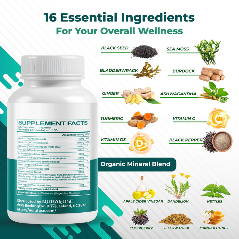 SEA Moss Black Seed Oil Ashwagandha Ginger 16-in-1 Formula - Non-GMO, Gluten-Free, Soy-Free