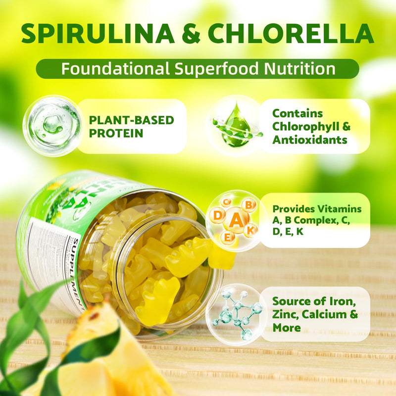2 Pack Organic Spirulina & Chlorella Gummies – Pineapple Flavor, Vitamin C & Zinc