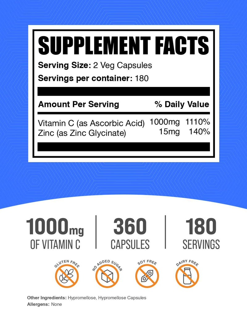 Vitamin C with Zinc Capsules - 1000mg Vitamin C, 15mg Zinc | Vegan, 360-Count Veg Capsules | BulkSupplements