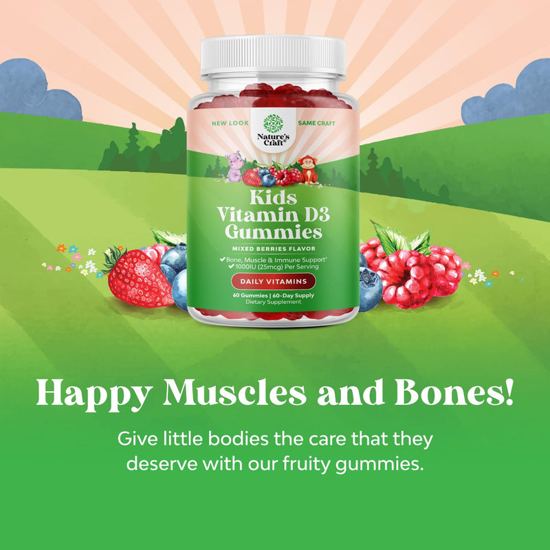 Chewable Vitamin D Gummies for Kids - Delicious Vitamin D 1000 IU Per Serving - Toddlers Immune Support Gummies - Berries Flavored Supplement for Bones Health & Muscles - Gelatin Free - 60 Chews