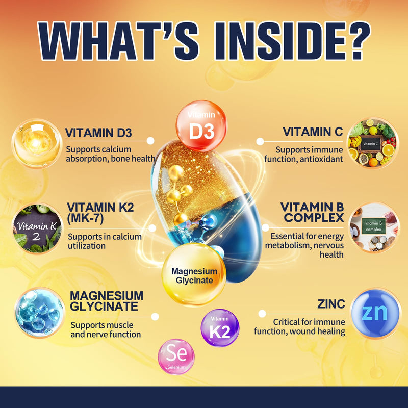 9-in-1 Magnesium Glycinate 500mg + Vitamin D3 5000 IU & K2 | 120 Softgels