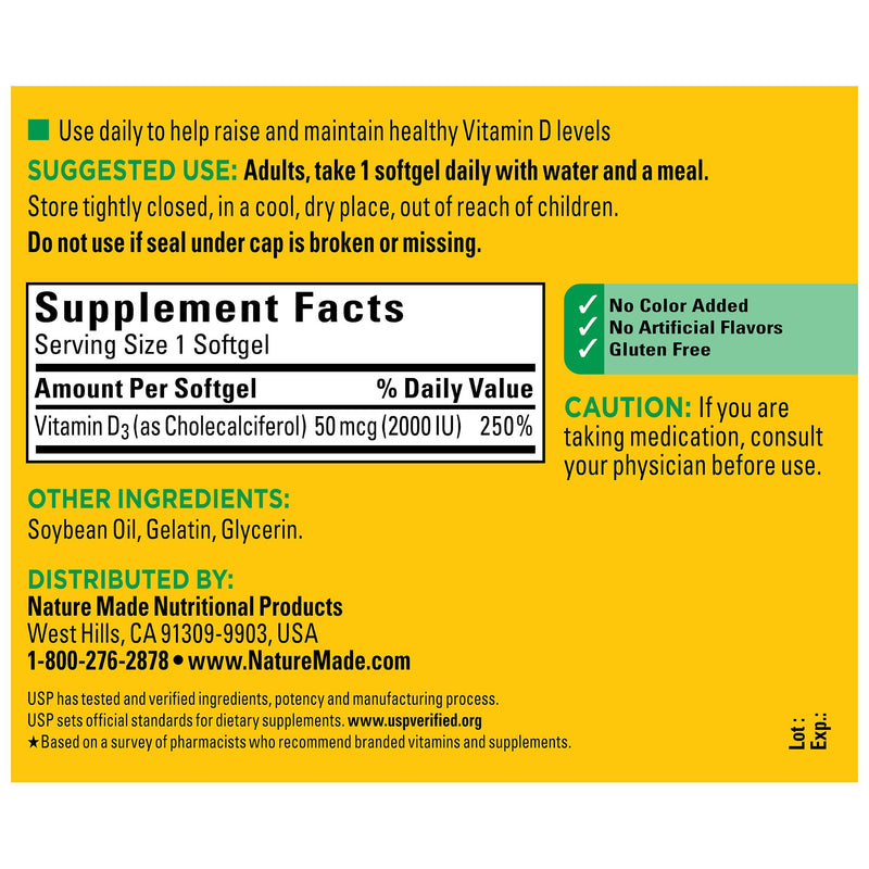 Nature Made Vitamin D3 2000 IU Softgels — Immune, Bone & Muscle Support | 250 Softgels
