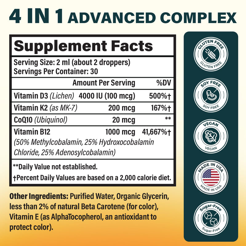 Vitamin D3 K2 MK-7 4000 IU Liquid Drops – CoQ10 & B12 for Bone Health