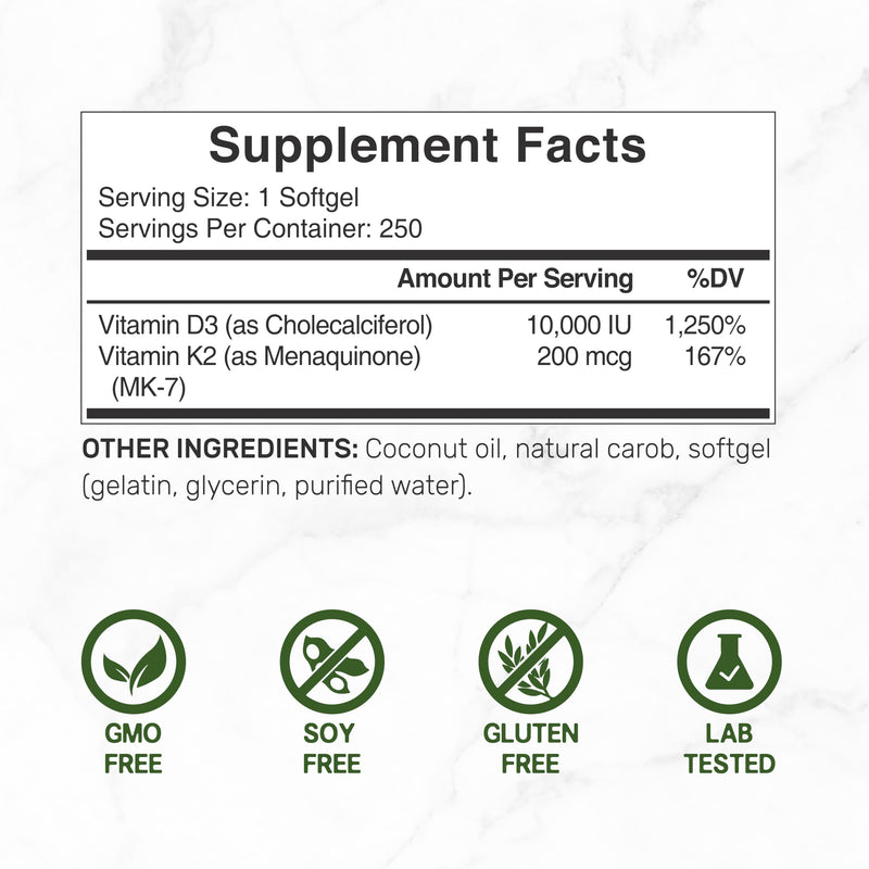 DEAL SUPPLEMENT Vitamin D3 10,000 IU + K2 MK7 200mcg Softgels – 2-in-1 Coconut Oil Carrier, 250 Count