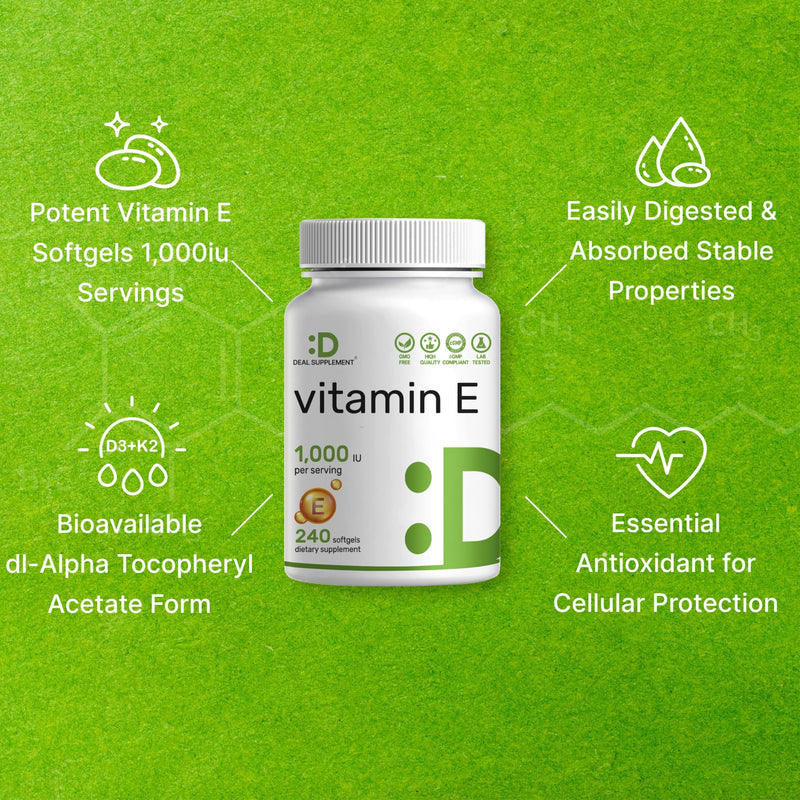Vitamin E 1,000 IU – 240 Softgels | dl-Alpha Tocopheryl Acetate, Non-GMO