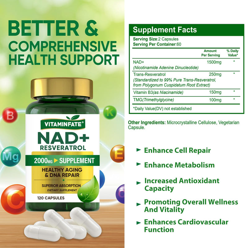 VITAMINFATE NAD+ Supplement 2000 mg – 120 Capsules | NAD+ + Resveratrol