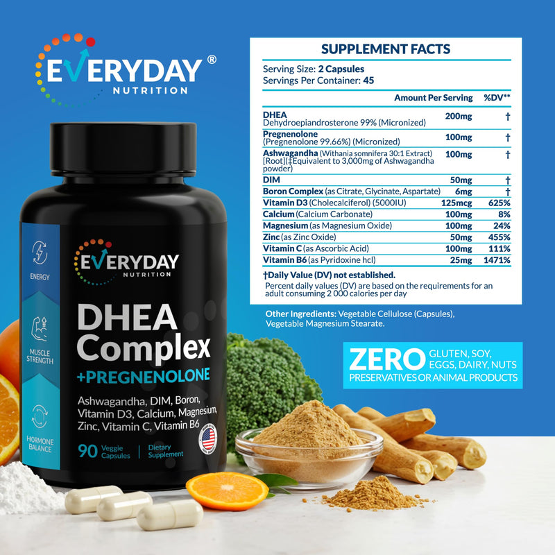 DHEA Micronized 200mg & Pregnenolone 100mg Complex – Hormone Support, USA Made, 90 Capsules