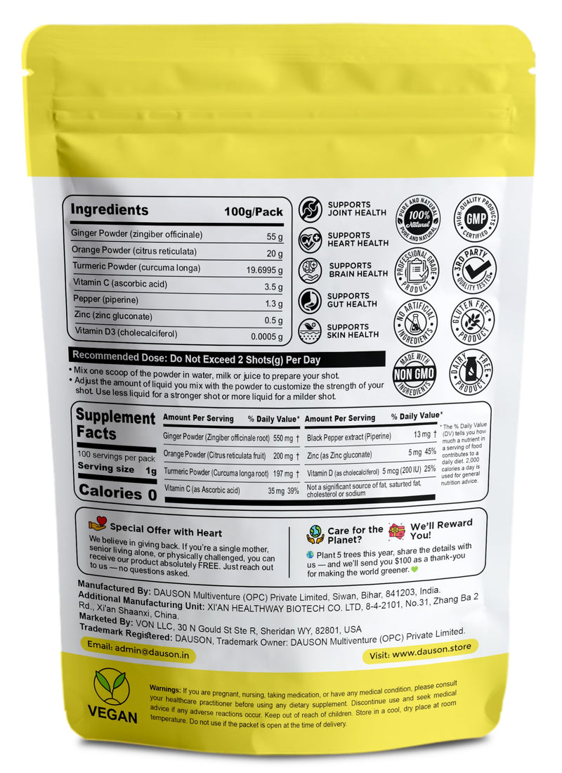 Ginger Turmeric Powder with Piperine, Vitamin C, Vitamin D3 & Zinc – 100 Servings