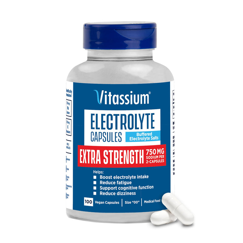 Vitassium Extra Strength Electrolyte Capsules – 750mg Sodium for POTS Support, Unflavored, 100 Pills (Size 00)