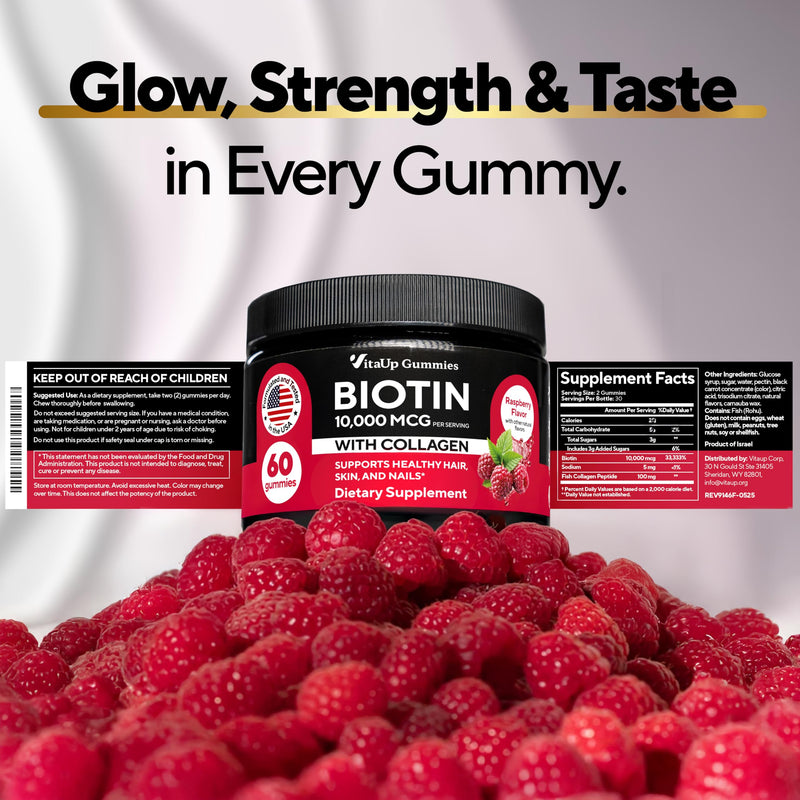 VitaUp Biotin Gummies 10000mcg – Extra Strength Hair, Skin & Nails with Collagen (60 ct)