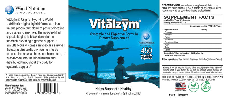 VITÄLZYM Original Proteolytic Systemic Enzyme Formula – Serrapeptase Source | Immune & Joint Support | 450 Capsules