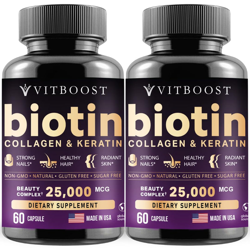 Vitboost Biotin with Hyaluronic Acid, Collagen & Keratin – 25000 mcg Hair Growth Vitamins for Men & Women – 120 Capsules – USA Made