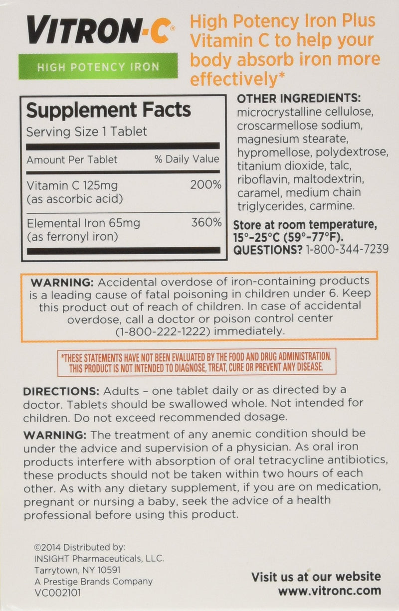 VITRON-C High Potency Iron + Vitamin C Tablets – 60 Ea, 3 Pack