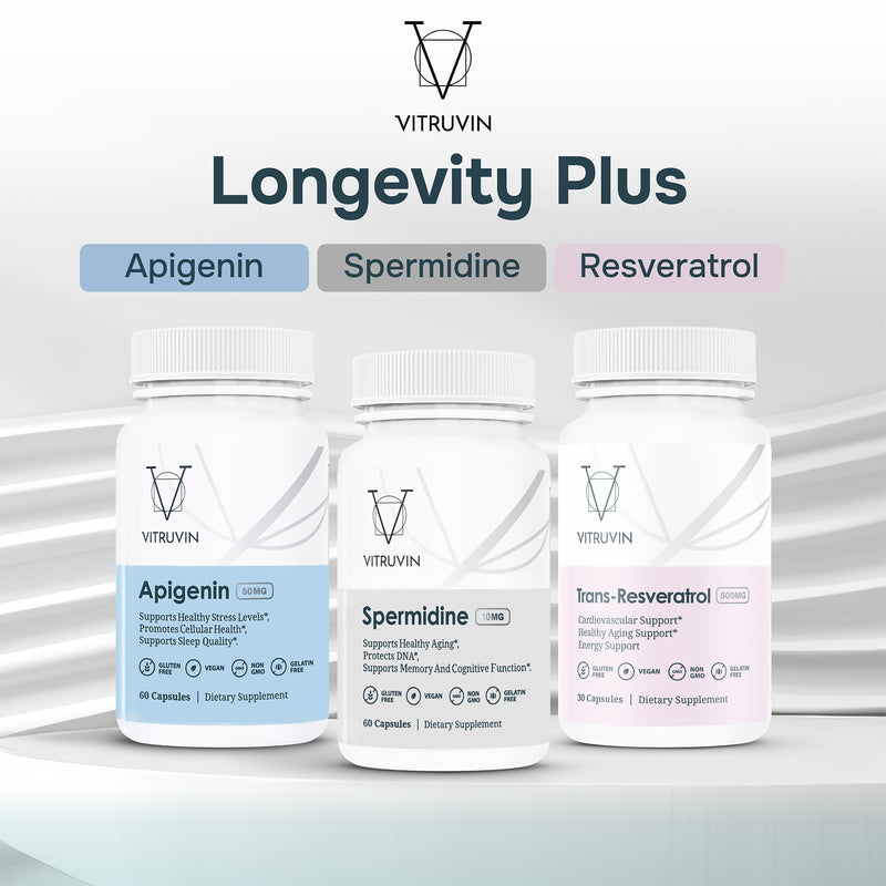 VITRUVIN Longevity Plus - Spermidine 2x10mg, Apigenin 2x50mg, Resveratrol 500mg + Piperine 5mg | Vegan, Non-GMO, Gluten-Free, Gelatin-Free