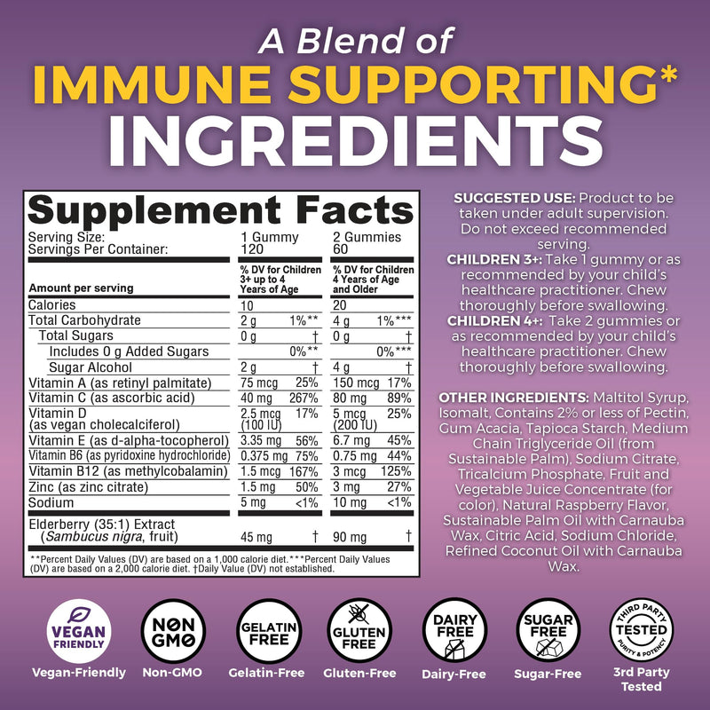 Viva Naturals Sugar-Free Sambucus Elderberry Gummies for Kids - 8-in-1 Immune Support | Vitamin C & Zinc | Vegan & Gluten-Free (120 count)