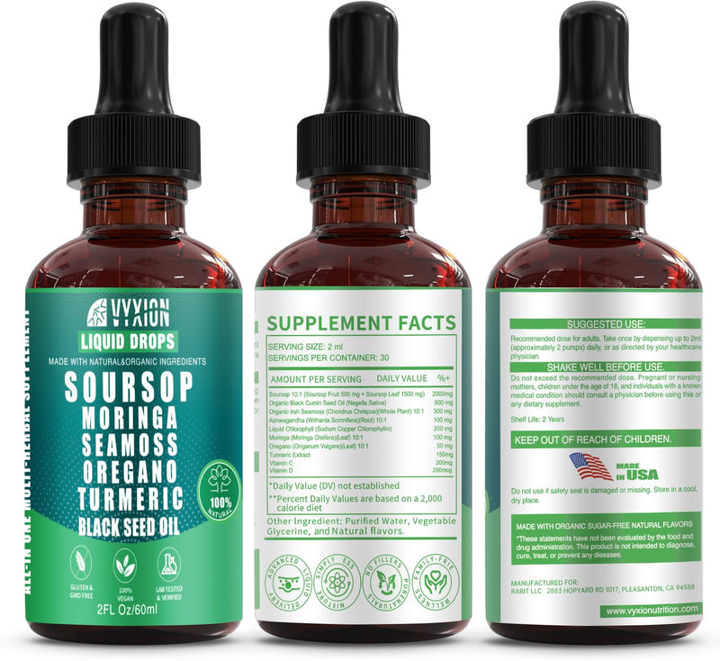 Soursop Bitters Liquid Drops 10-in-1 – Sea Moss, Moringa, Turmeric, Ashwagandha | 2 Fl Oz | Vegan, Non-GMO