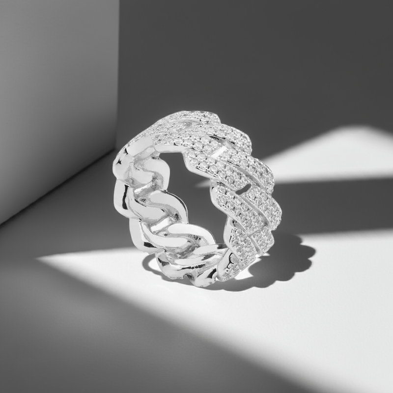 Iced Prong Cuban Ring - Silver