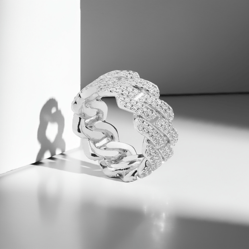 Iced Prong Cuban Ring - Silver
