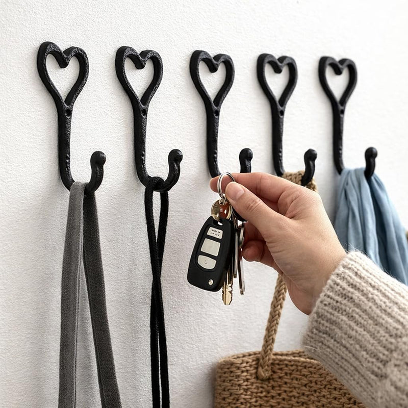 5 Heart Shaped Wrought Iron Coat Hooks – Rustic Wall Mounted Hooks