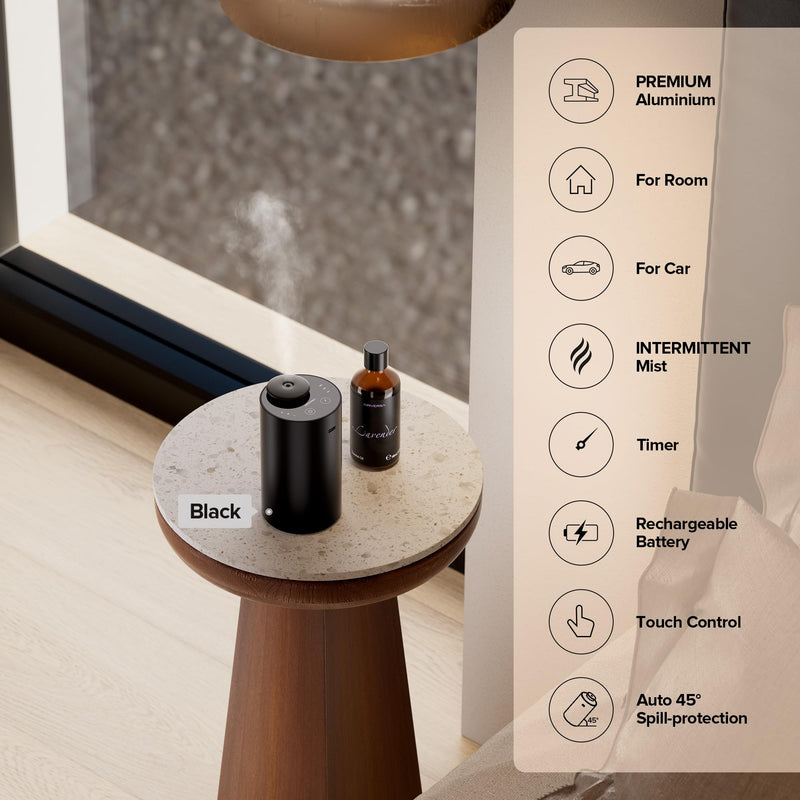 Waterless Essential Oil Diffuser 2 Pack — 3 Timer Settings & 3 Mist Levels (Black/Silver)