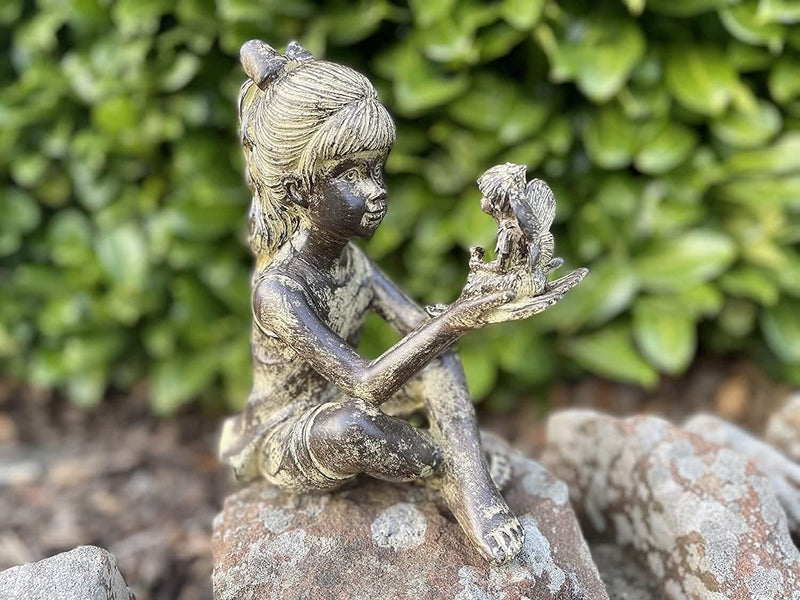 Sitting Girl with Fairy Resin Garden Statue Stone Effect 23cm