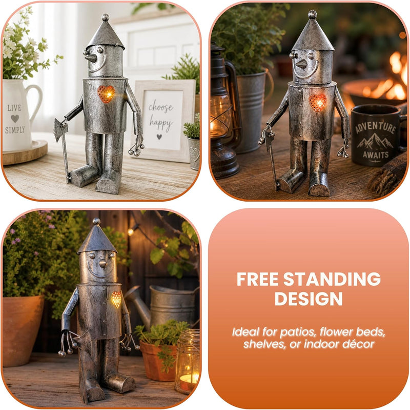 Solar Tin Man Garden Ornament with Light Up Heart Metal Statue 30cm