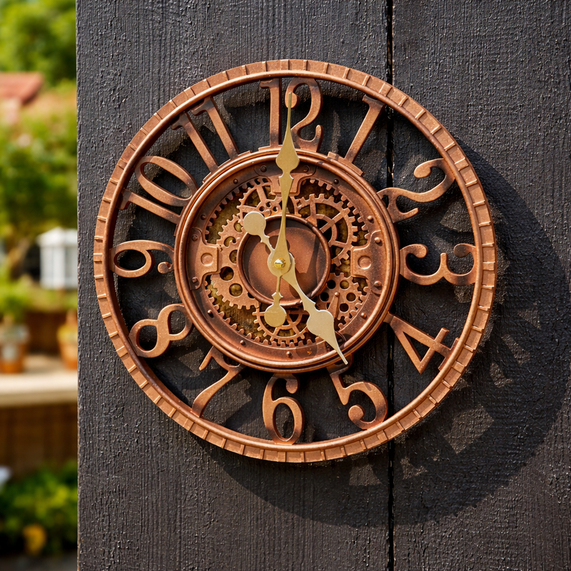 Outdoor Garden Wall Clock Bronze Effect Open Face 30cm Weatherproof