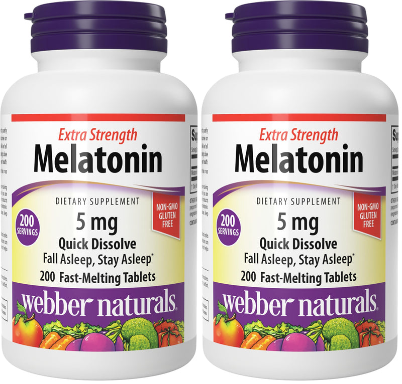 Webber Naturals Extra Strength Melatonin 5 mg – Fast-Melting Sleep Aid, 200-Day Supply (2-Pack), Gluten Free, Non-GMO, Vegetarian