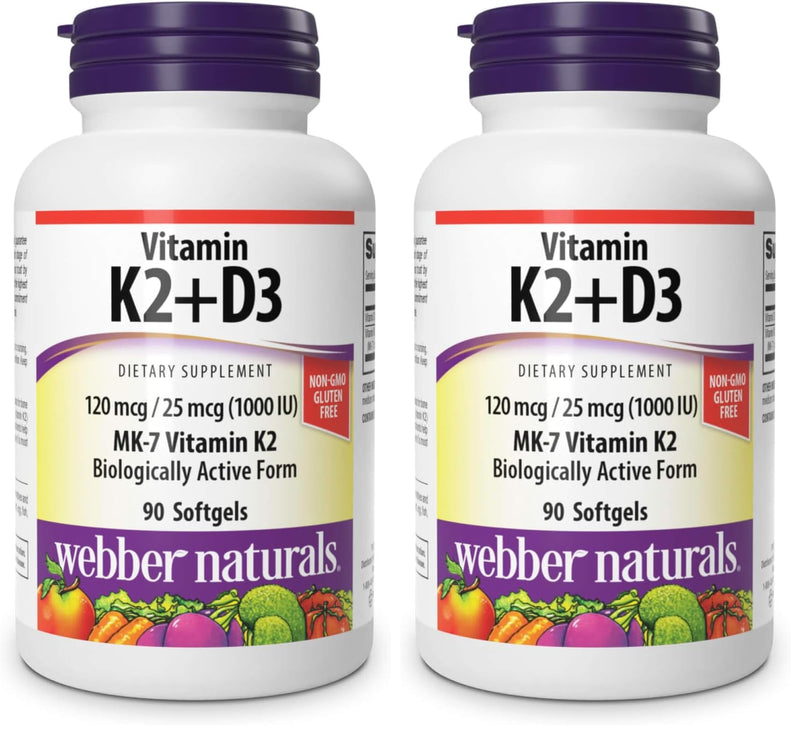 Webber Naturals Vitamin K2 MK-7 120 mcg + Vitamin D3 1000 IU - 90 Softgels | Gluten Free, Non-GMO | Pack of 2