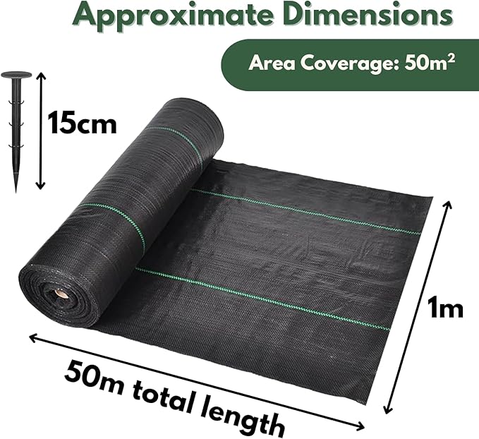 50m Weed Control Fabric Membrane Ground Sheet with 50 Pegs