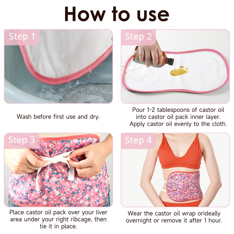 Wegreeco Castor Oil Pack Wrap – Reusable, Adjustable, Pink Flowers (Oil Not Included)