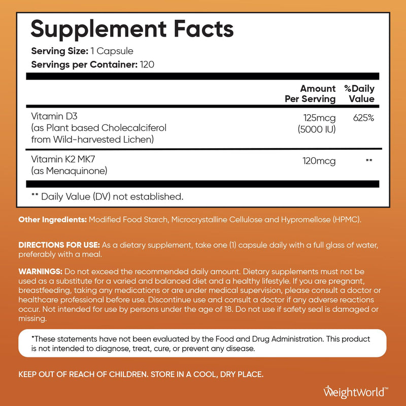 WeightWorld Vegan Vitamin D3 K2 – 120 Capsules, 5000 IU D3 & 120 mcg K2 MK7